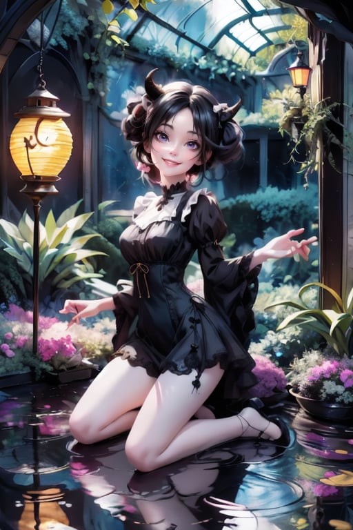 a demon_girl smiling, mini dress, color (pumps), (nylons), kneeling, light creatures floating as lanterns, victorian greenhouse at night, nighttime, night scenery, creepy ambient, gothic art style, lanterns, starryscene