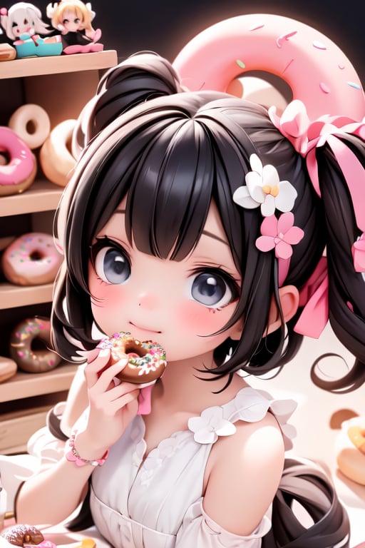 a delicate chibi girl eating a giant donut, black hair, donuts hair accesories, donuts theme dress, pumps, kawaii style, candy_land at background