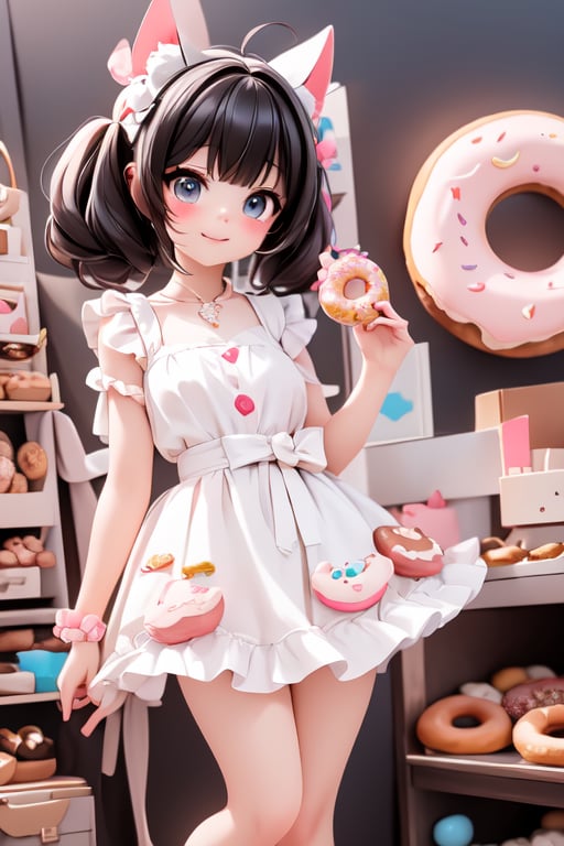 a delicate girl eating a giant donut, black hair, donuts hair accesories, donuts theme dress, pumps, kawaii style, candy_land at background