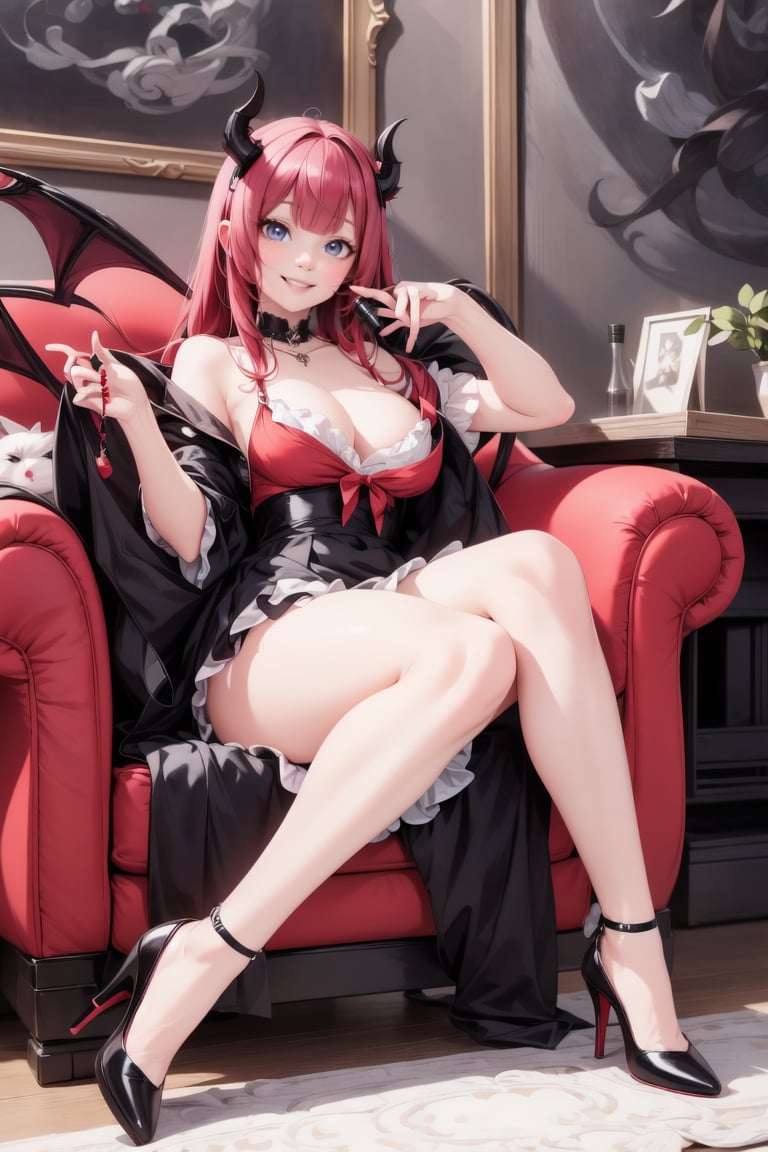 a vampire smiling sitting on an armchair, red horns, (chunky) ((pumps)), ,hentai