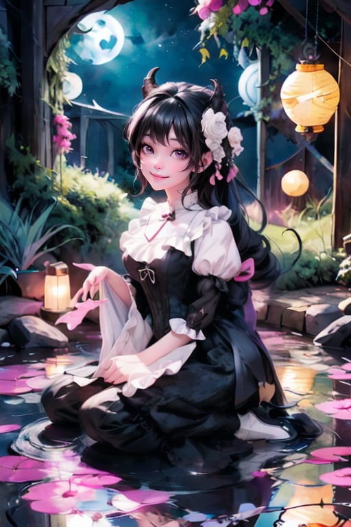 a kawaii demon_girl smiling, color (pumps), (nylons), kneeling, light creatures floating as lanterns, victorian greenhouse at night, nighttime, night scenery, creepy ambient, gothic art style, lanterns, starryscene