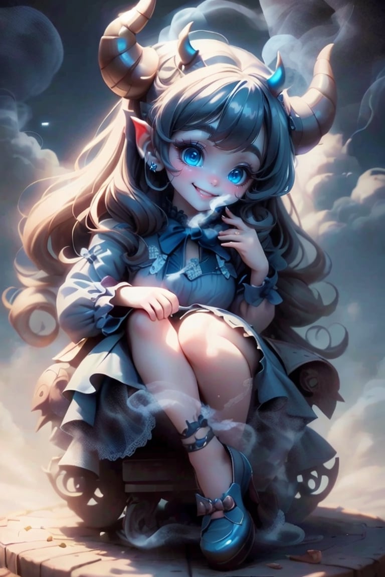 masterpiece, best quality, a cute horned demon smiling, intense blue smokey eyes makeup, summer clothing dress, Lolita pumps, joyful pose, dynamic angle
