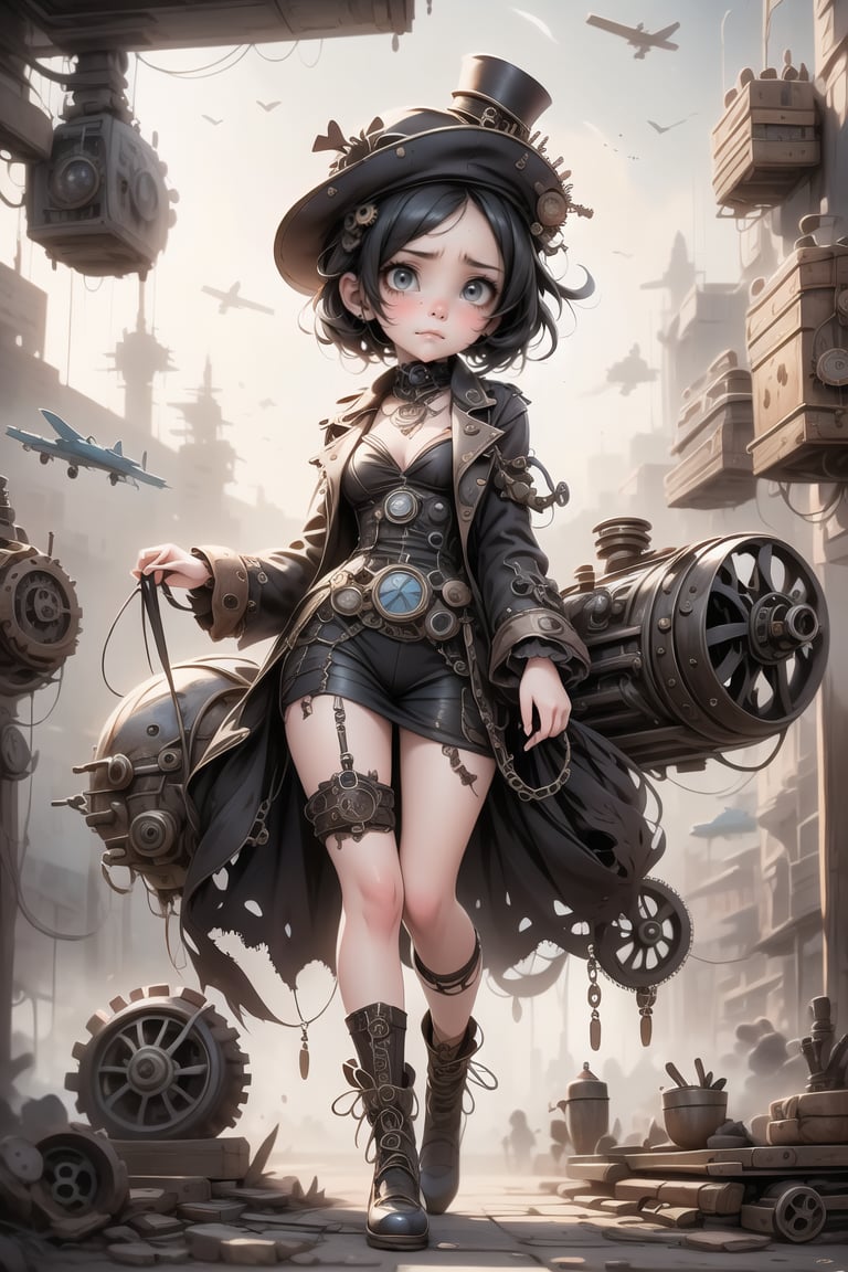 a cute girl ((disgusted look)), pumps, fixing gears, steampunk flying machine, steampunk art style