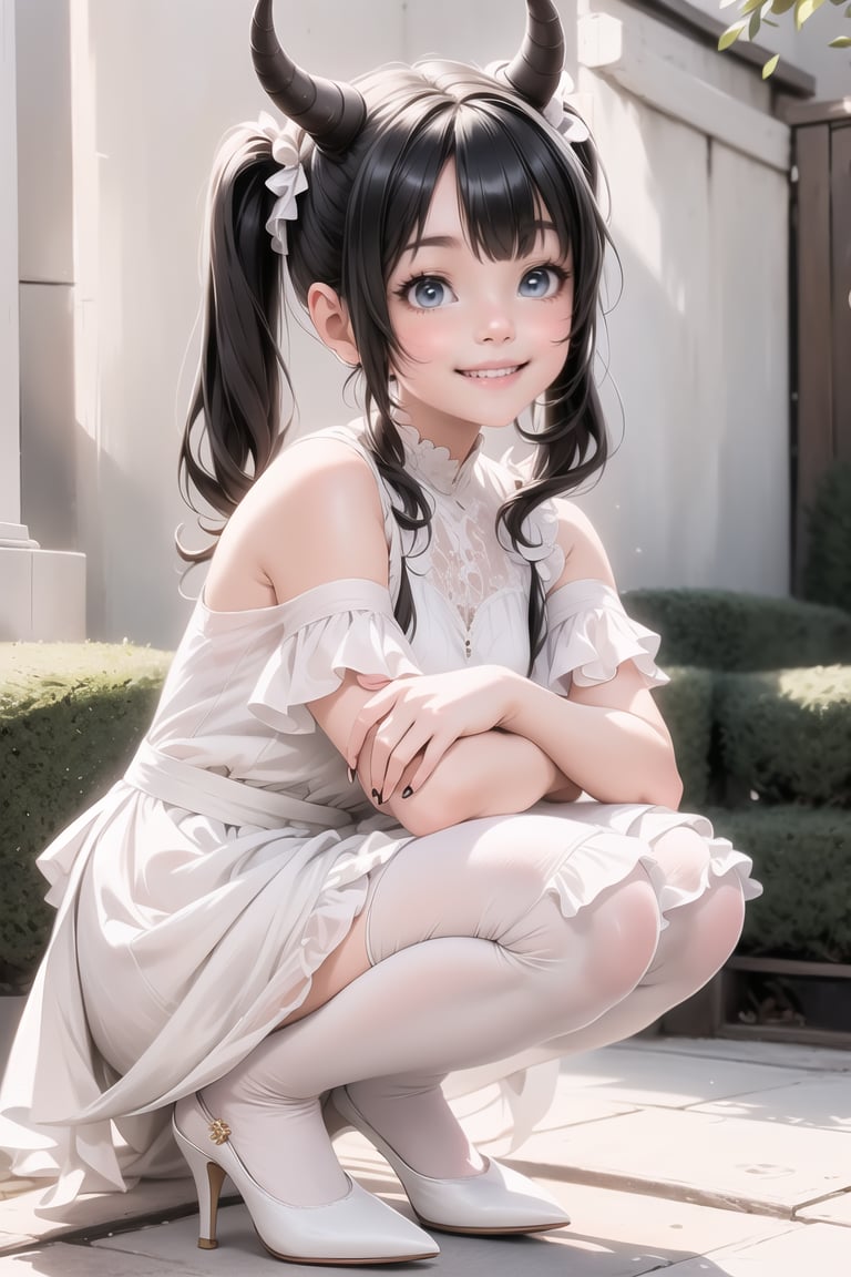 a horned girl smiling, pigtails, white dress, white stocking, black (pumps), squatting