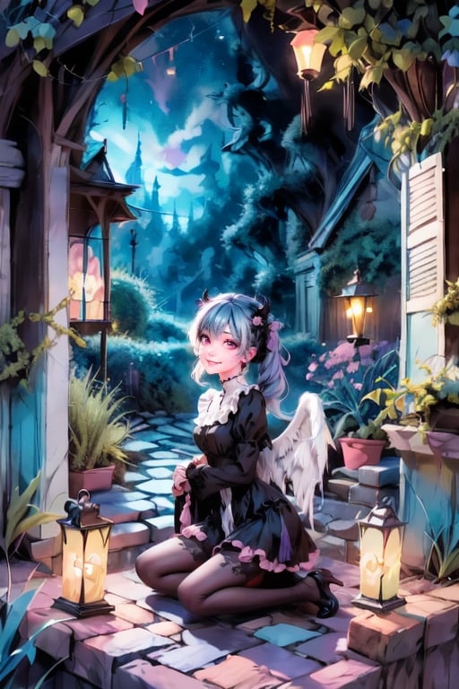 a kawaii demon_girl smiling, feathered wings, color (pumps), (nylons), kneeling, light creatures floating as lanterns, victorian greenhouse at night, nighttime, night scenery, creepy ambient, gothic art style, lanterns, starryscene