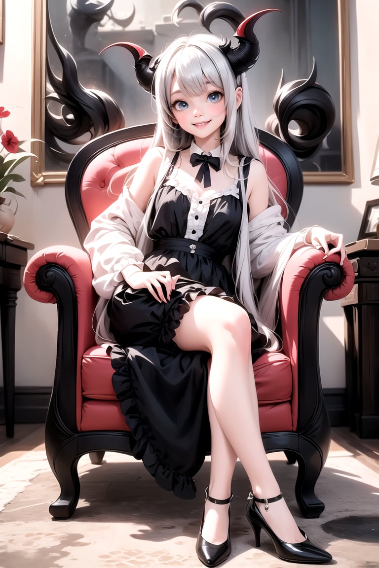 a cute vampire smiling sitting on an armchair, red horns, (Lolita pumps), 