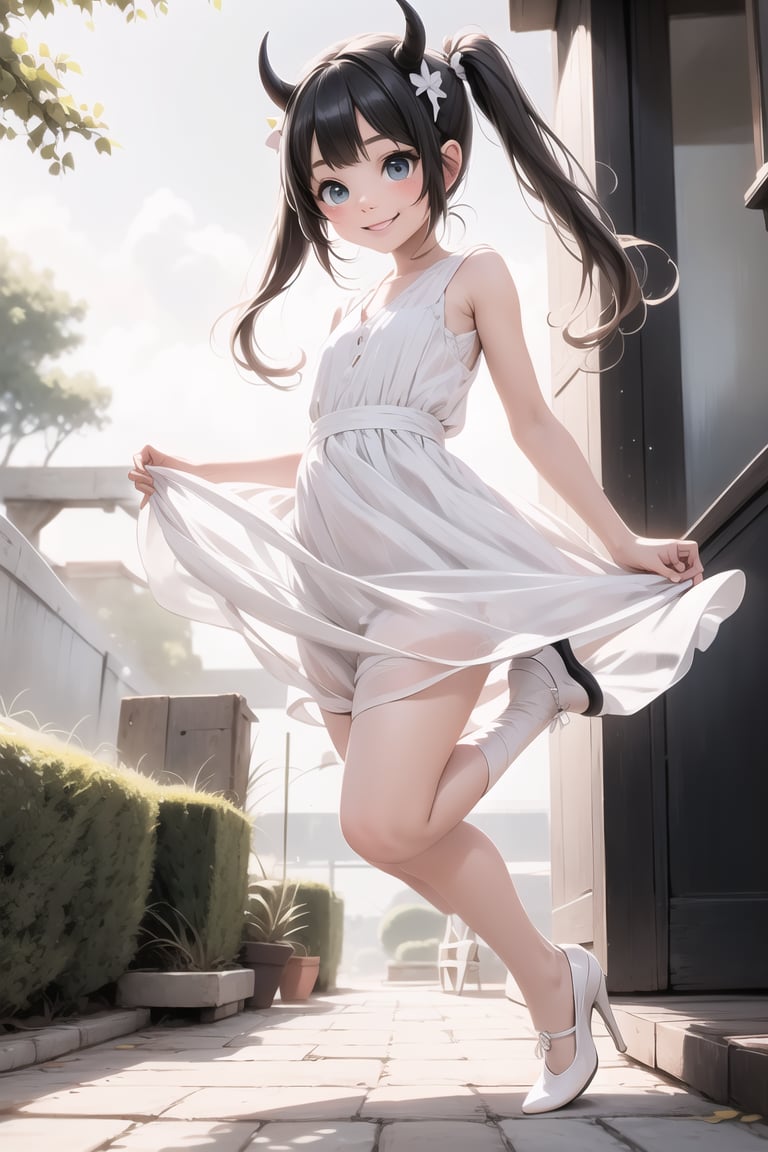a horned girl smiling, pigtails, white dress, white stocking, black (pumps), leaping