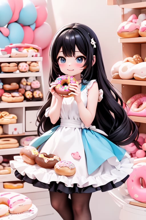 a delicate girl eating a giant donut, black hair, donuts hair accesories, donuts theme dress, pumps, kawaii style, candy_land at background