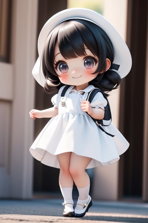 masterpiece, best quality, a cute chibi girl smiling, ((black)) hair, (((white pinafore dress))), (((short puffy sleeves shirt))), white hairbow, white socks, (((black))) mary jane pumps, school backpack, (((full body)))
