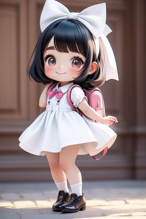 masterpiece, best quality, a cute chibi girl smiling, black hair, white pinafore dress, ((short)) puffy sleeves shirt, white hairbow, black Lolita shoes, school backpack, (((full body)))