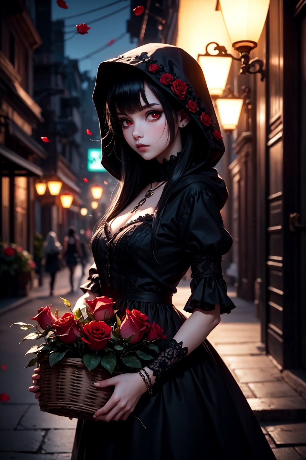  a goth girl, flower, solo, basket, little black dress, holding flower, hood, holding a red rose, looking at viewer, red eyes, blurry, dress, cosplay, bangs, blurry background, frills, depth of field, red rose, at night