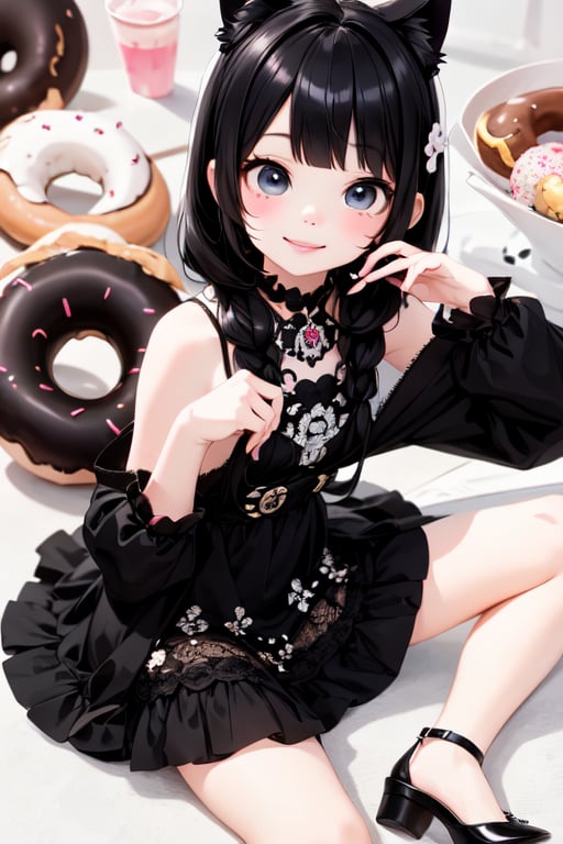 a delicate chibi girl eating a giant donut, black hair, donuts hair accesories, donuts theme dress, pumps, kawaii style, donuts land at background