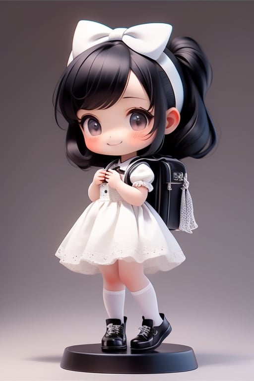 masterpiece, best quality, a cute chibi girl smiling, black hair, white pinafore dress, ((short)) puffy sleeves shirt, white hairbow, black Lolita shoes, school backpack, (((full body)))