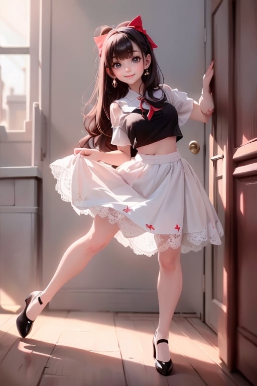 masterpiece, best quality, a girl smiling, black hair, red hair bow, earrings, choke, short skirt, lace cloth ((crop shirt)), (white pumps), rule of thirds. 
