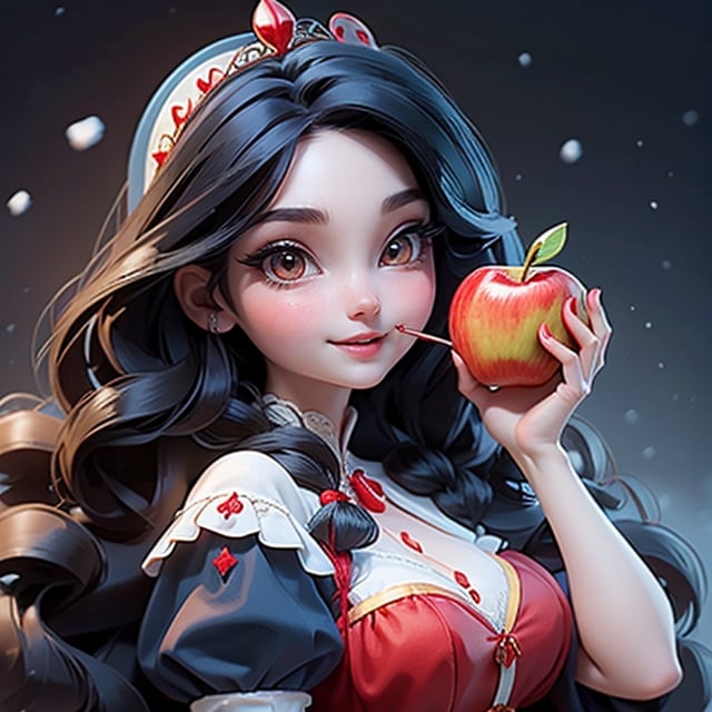 8k, masterpiece, best quality, ultra detailed, detailed face, bright eyes, large eyelashes, detailed nose, a snow white smiling, black hair, medium hair, red diadem, red hairbow, (blue) dress, ((drinking an apple with a straw)),