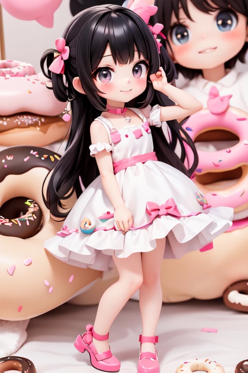 a delicate chibi girl biting a giant donut, black hair, hair accesories donuts, donuts theme dress, pumps, kawaii style, donuts land at background