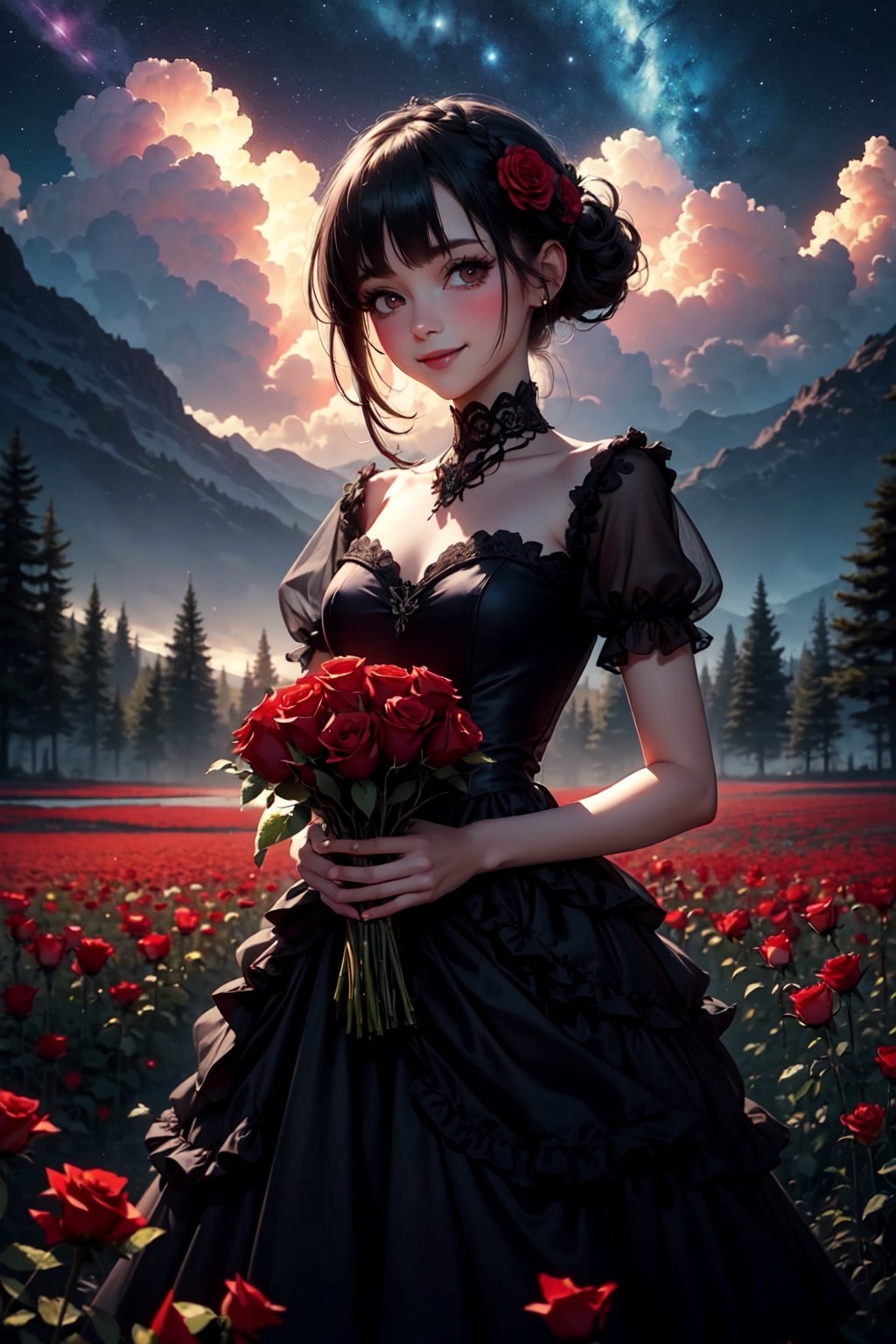 (masterpiece, best quality), a cute goth girl smiling, flower, solo, goth dress, holding red roses, night sky, cloud, outdoors, bangs, bouquet, rose, blush, flower field, red flower, black goth dress, looking at viewer, midium hair, holding flower, small breasts, red rose, holding bouquet, epth of field,