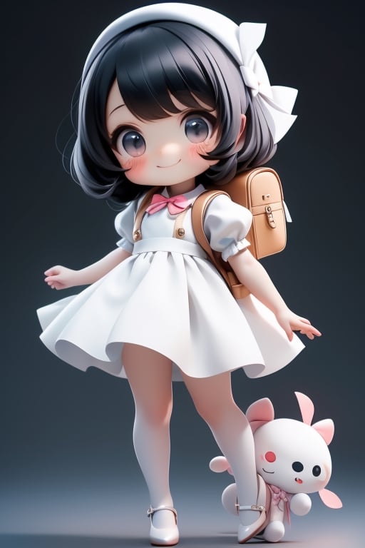 masterpiece, best quality, a cute chibi girl smiling, ((black)) hair, white pinafore dress, (((short puffy sleeves))) shirt, white hairbow, (((black))) mary jane pumps, school backpack, (((full body)))