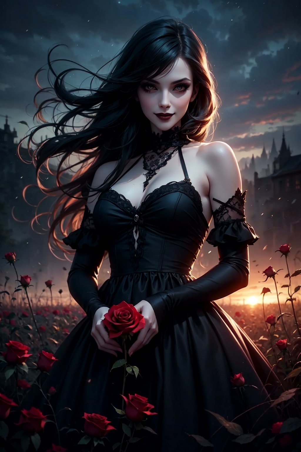a goth vampiress smiling, red rose, goth dress, long hair, black hair, black dress, holding a red rose, field, holding a rose, outdoors, grass, realistic, bare shoulders, (at night)