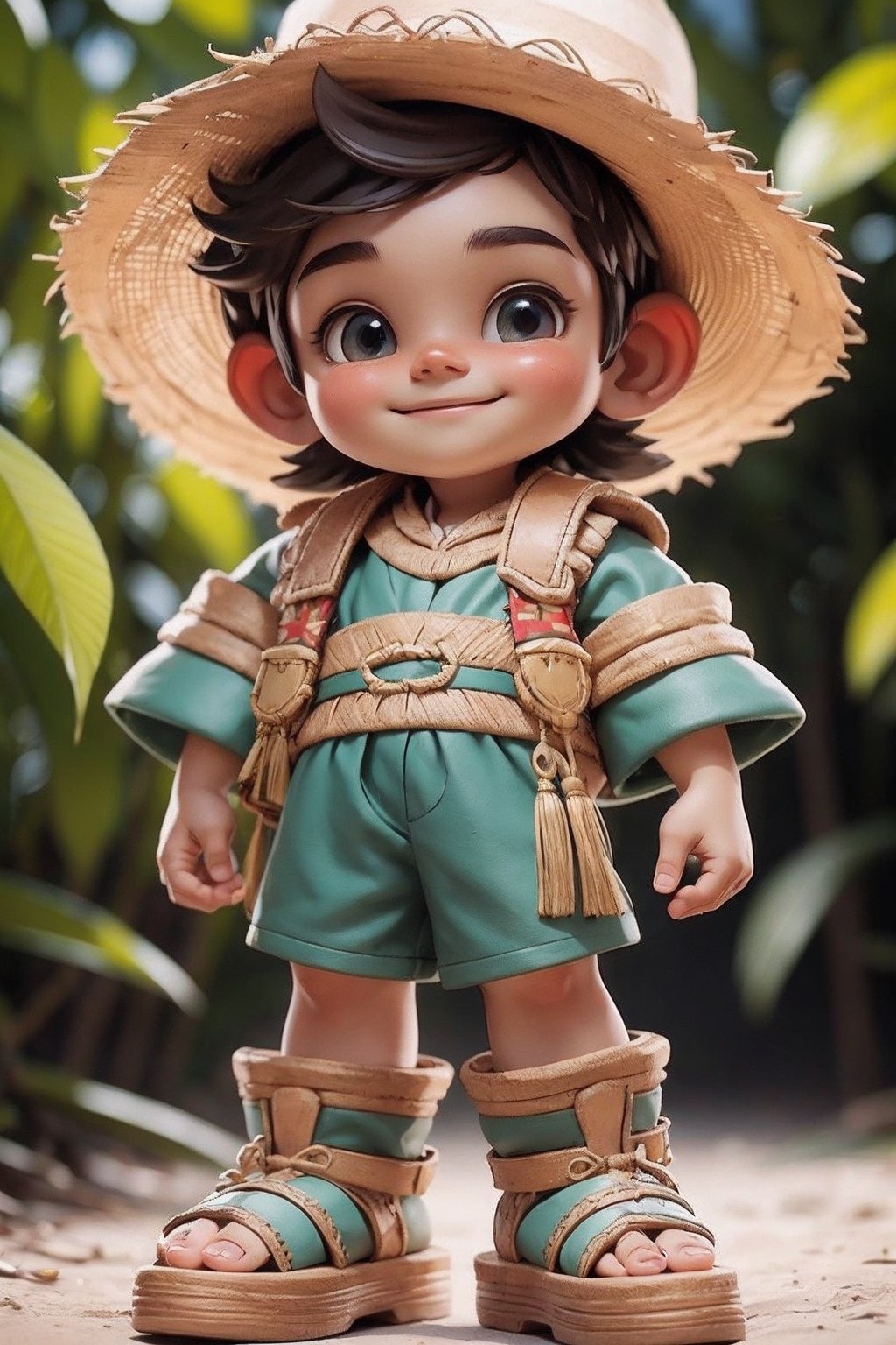 masterpiece, best quality, detailed face, detailed eyes, a boy smiling, Mexican indigenous suit, sandals, ((full body)), 