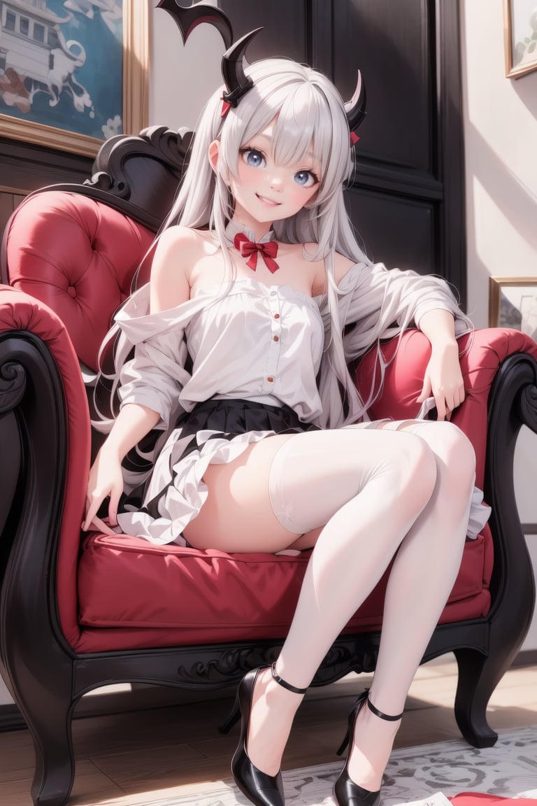 a cute vampire princess smiling sitting on an armchair, strapless shirt, shirt skirt, red horns, (chunky) ((pumps)), white nylons