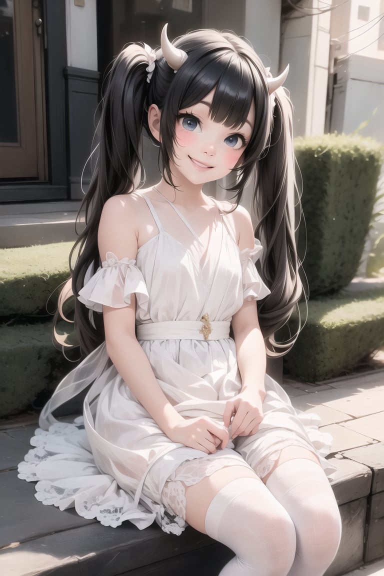 a horned girl smiling, pigtails, white dress, white stocking, black (pumps), slouching