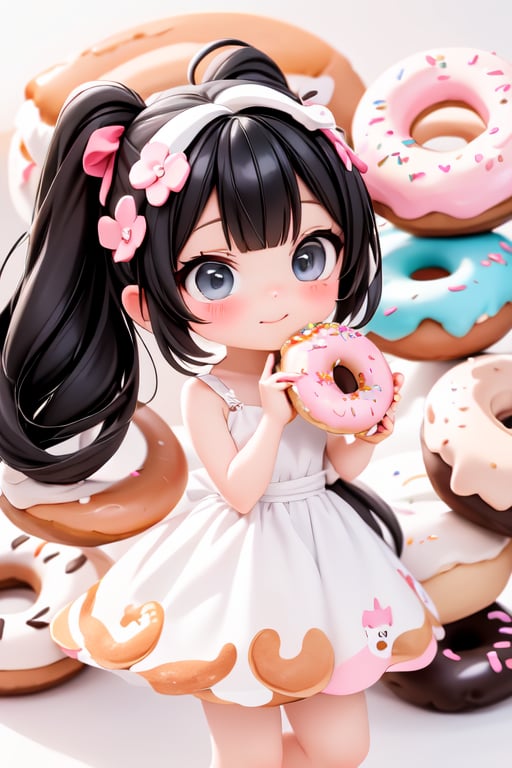 a delicate chibi girl eating a giant donut, black hair, hair accesories donuts, donuts theme dress, pumps, kawaii style, donuts land at background