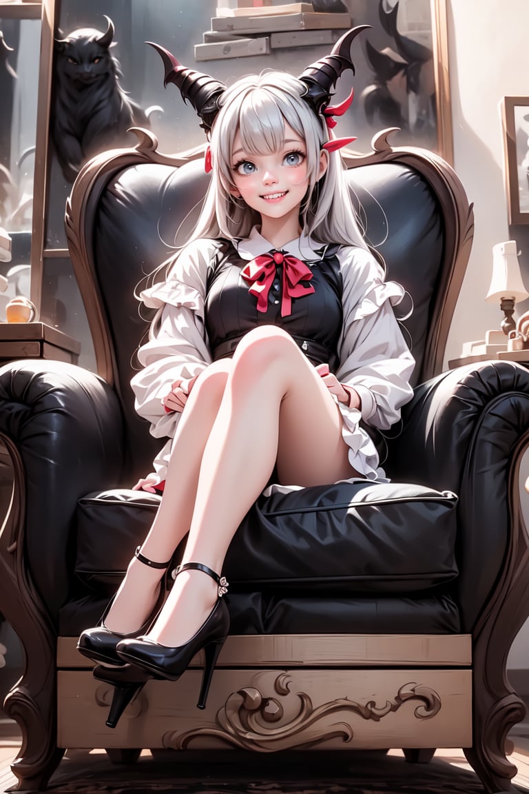 a cute vampire smiling sitting on an armchair, red horns, (Lolita pumps), 
