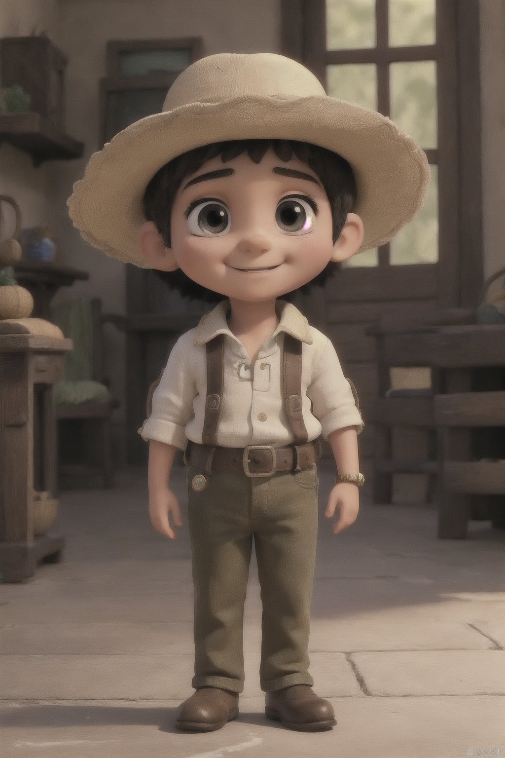 masterpiece, best quality, detailed face, detailed eyes, a small boy smiling, mexican costume, (full body), [[[hat]]]