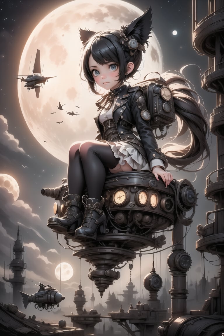 a cute girl ((disgusted look)), pumps, sitting on a flying machine, night scene, at night, moon, steampunk art style