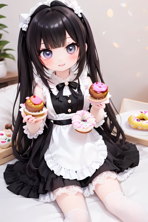 a delicate chibi girl biting a giant donut, black hair, hair accesories donuts, donuts theme dress, pumps, kawaii style, donuts land at background