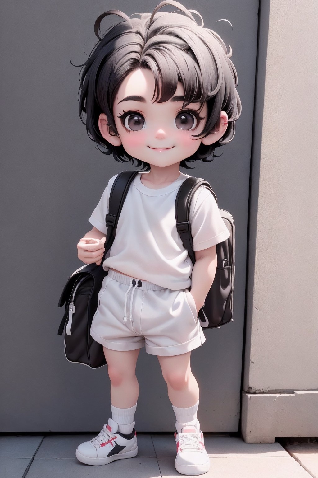 masterpiece, best quality, a cute chibi loli (boy) smiling, (((short black hair))), sport shorts, white sport shirt, white socks, white sneakers, school backpack, (((full body))),plastican00d