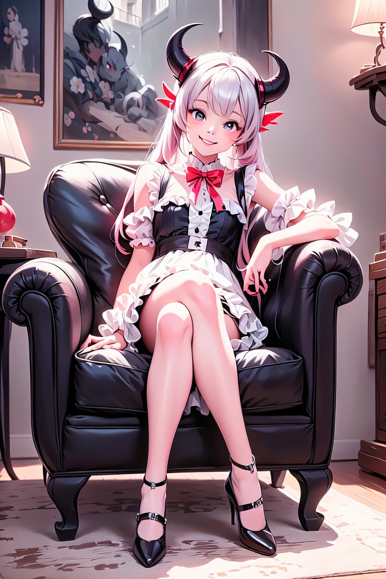 a cute vampire smiling sitting on an armchair, red horns, (Lolita pumps), 