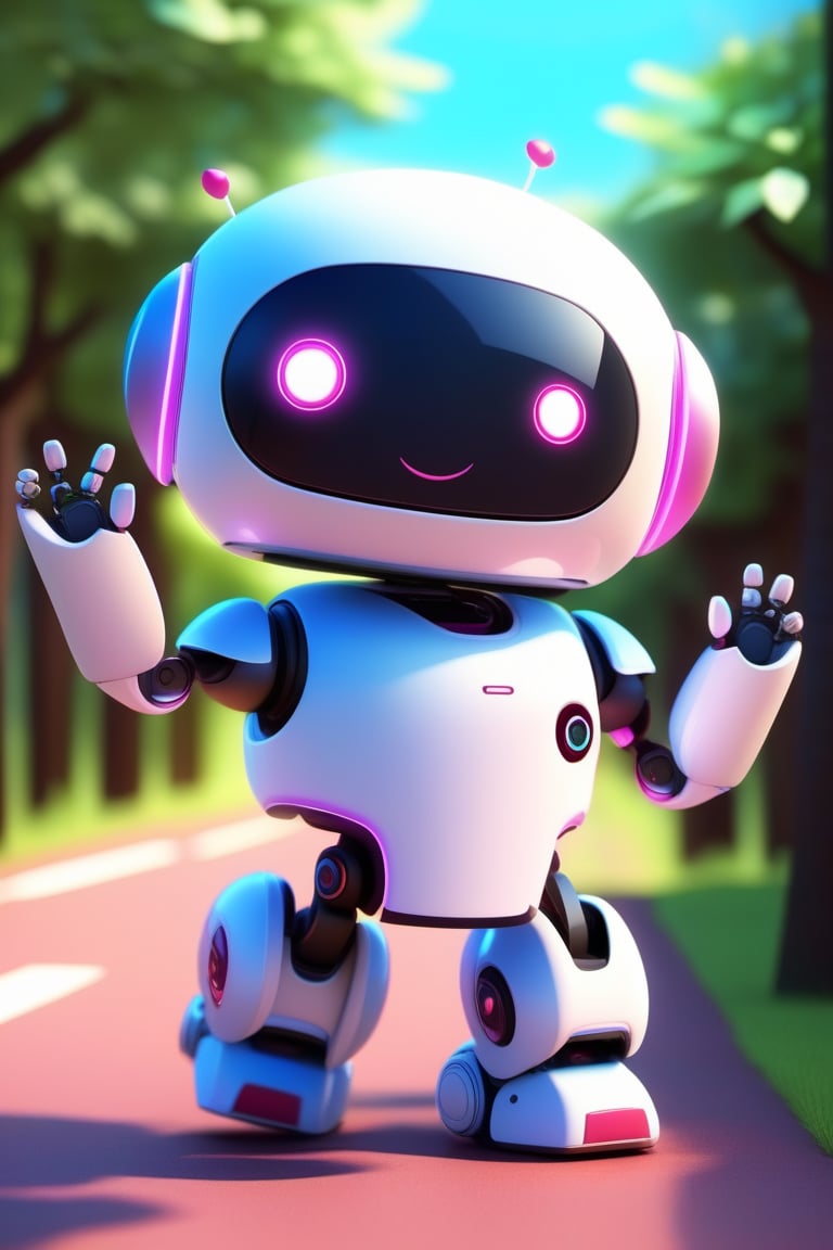 3d, cute, kawaii, anime, a little robot happy and waving, smiling


