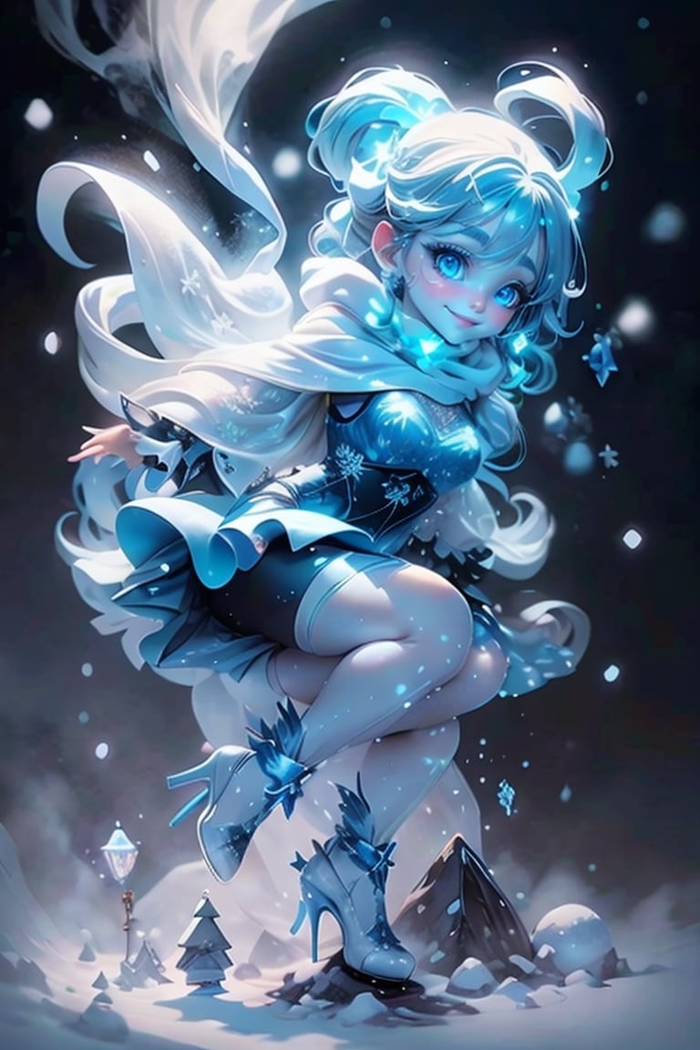 masterpiece, best quality, a snow demon smiling, blue lips, blue hair, intense blue smokey eyes makeup, (snow material) clothing, (crystal) hair bow, crop shirt, sheer draped skirt, tights, blue pumps, playing with the snow, frozen magical garden (at night), magic lights floating around, (falling snow), photoshoot, dynamic pose, angle from below,plastican00d