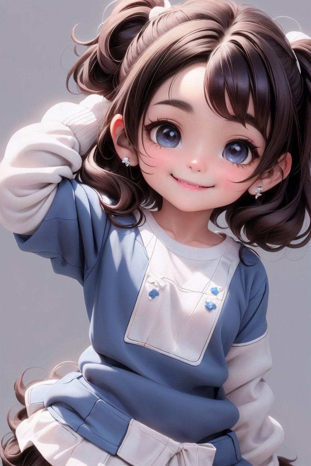 masterpiece, best quality, a cute chibi loli mexican girl smiling, ((brunette)), black hair, (blue) uniform sweater, white shirt, white hair bow