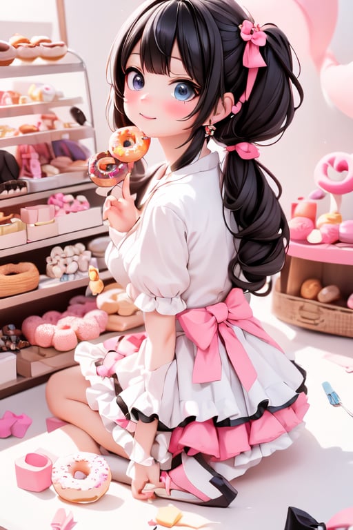 a delicate girl eating a giant donut, black hair, donuts hair accesories, donuts theme dress, pumps, kawaii style, candy_land at background