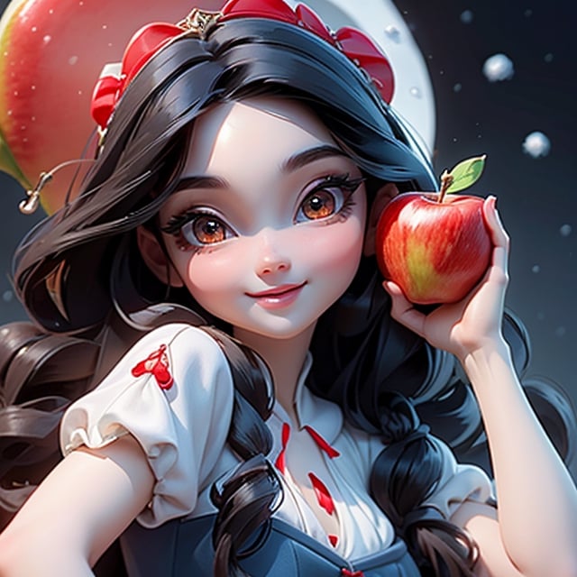 8k, masterpiece, best quality, ultra detailed, detailed face, bright eyes, large eyelashes, detailed nose, a snow white smiling, black hair, medium hair, red diadem, red hairbow, (blue) dress, ((drinking an apple with a straw)),