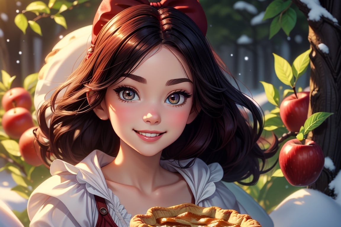 masterpiece, best quality, detailed face, bright eyes, detailed nose, a cute snowwhite (disney) smiling eating an (apple pie), black hair, red diadem with a small red hairbow,