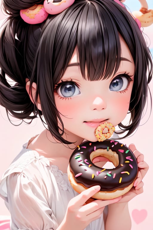 a delicate chibi girl eating a giant donut, black hair, donuts hair accesories, donuts theme dress, pumps, kawaii style, donuts land at background