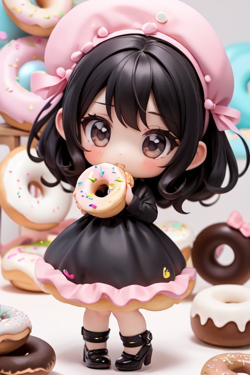 a delicate chibi girl biting a giant donut, black hair, hair accesories donuts, donuts theme dress, pumps, kawaii style, donuts land at background