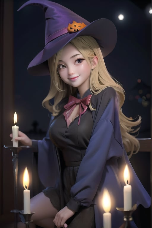  cute girl smiling, pumps, halloween costume, candles, at night