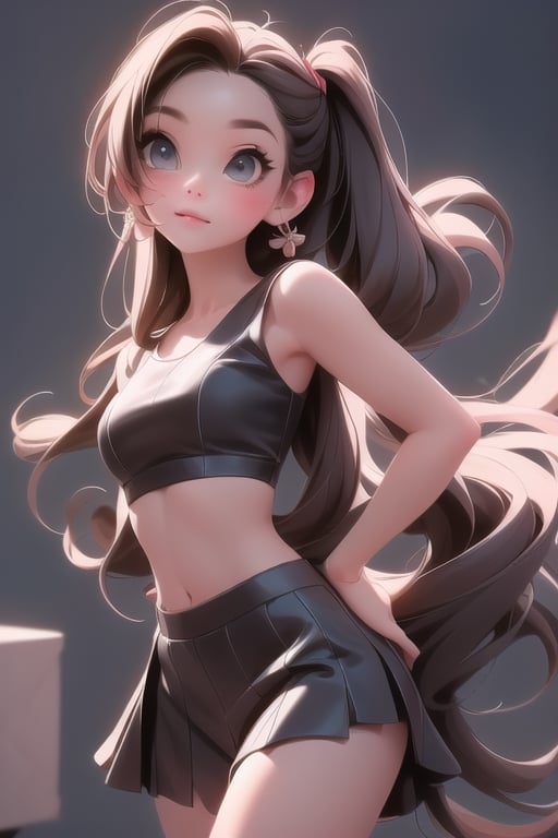 a cute girl in a black and white top and black skirt, her belly button is exposed, physical : tinyest midriff ever, exposed midriff, performing on stage, tinyest midriff ever, beautiful midriff, wearing crop top and miniskirt, 