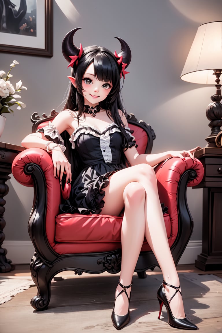 a cute vampire smiling sitting on an armchair, red horns, (Lolita pumps), 