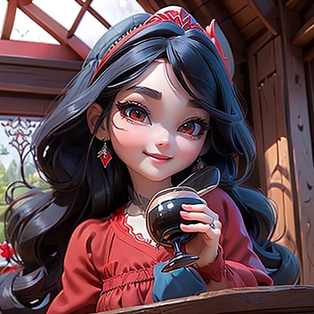 masterpiece, best quality, detailed face, bright eyes, large eyelashes, detailed nose, a close up of a SnowWhite (disney) smiling, black hair, medium large hair, (((red diadem))), ((blue)) dress, (((drinking red wine))), (((cottage indoor)), looking at viewer,