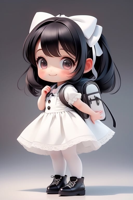 masterpiece, best quality, a cute chibi girl smiling, black hair, white pinafore dress, ((short)) puffy sleeves shirt, white hairbow, black Lolita shoes, school backpack, (((full body)))