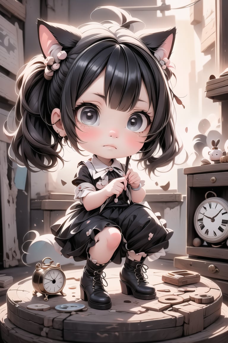 a cute (chibi) girl looking a broken clock, ((disgusted look)), pumps