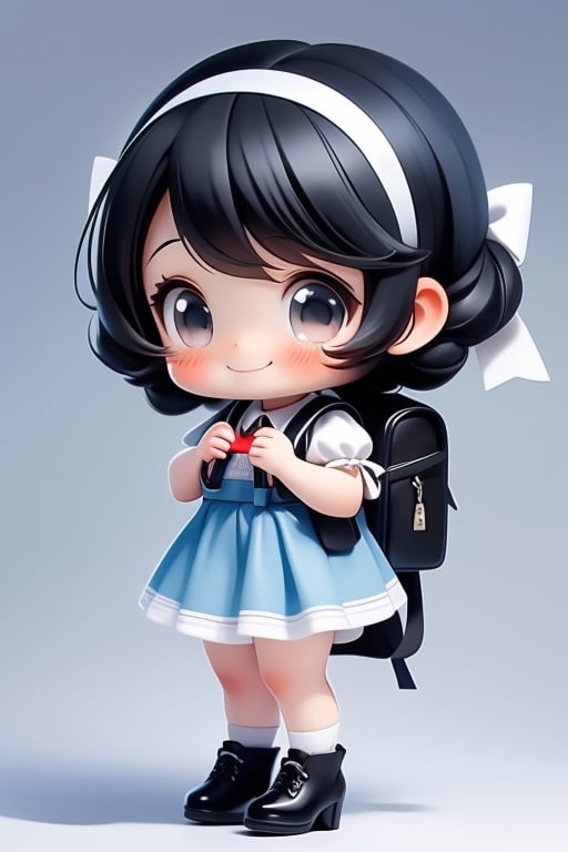 masterpiece, best quality, a cute chibi girl smiling, ((black)) hair, white pinafore dress, (((short puffy sleeves))) shirt, white hairbow, (((black))) mary jane pumps, school backpack, (((full body)))