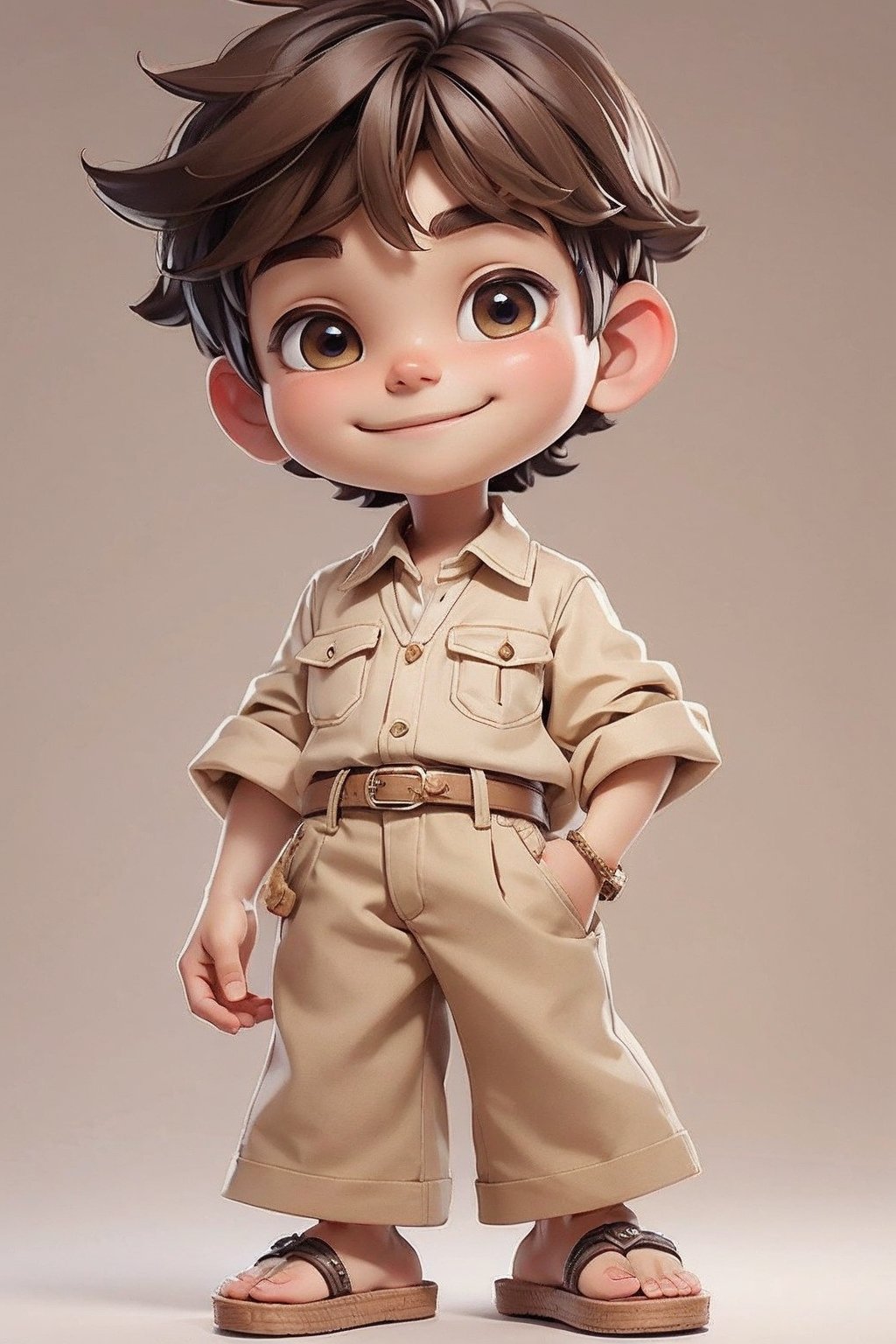 masterpiece, best quality, detailed face, detailed eyes, (chibi), a boy smiling, beige pants, beige shirt, sarape, sandals, 