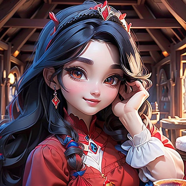 masterpiece, best quality, ((detailed face)), bright eyes, large eyelashes, detailed nose, a close up of a SnowWhite (disney) smiling, black hair, medium large hair, (((red diadem))), ((blue)) dress, (((drinking red wine))), (((cottage indoor)), looking at viewer,